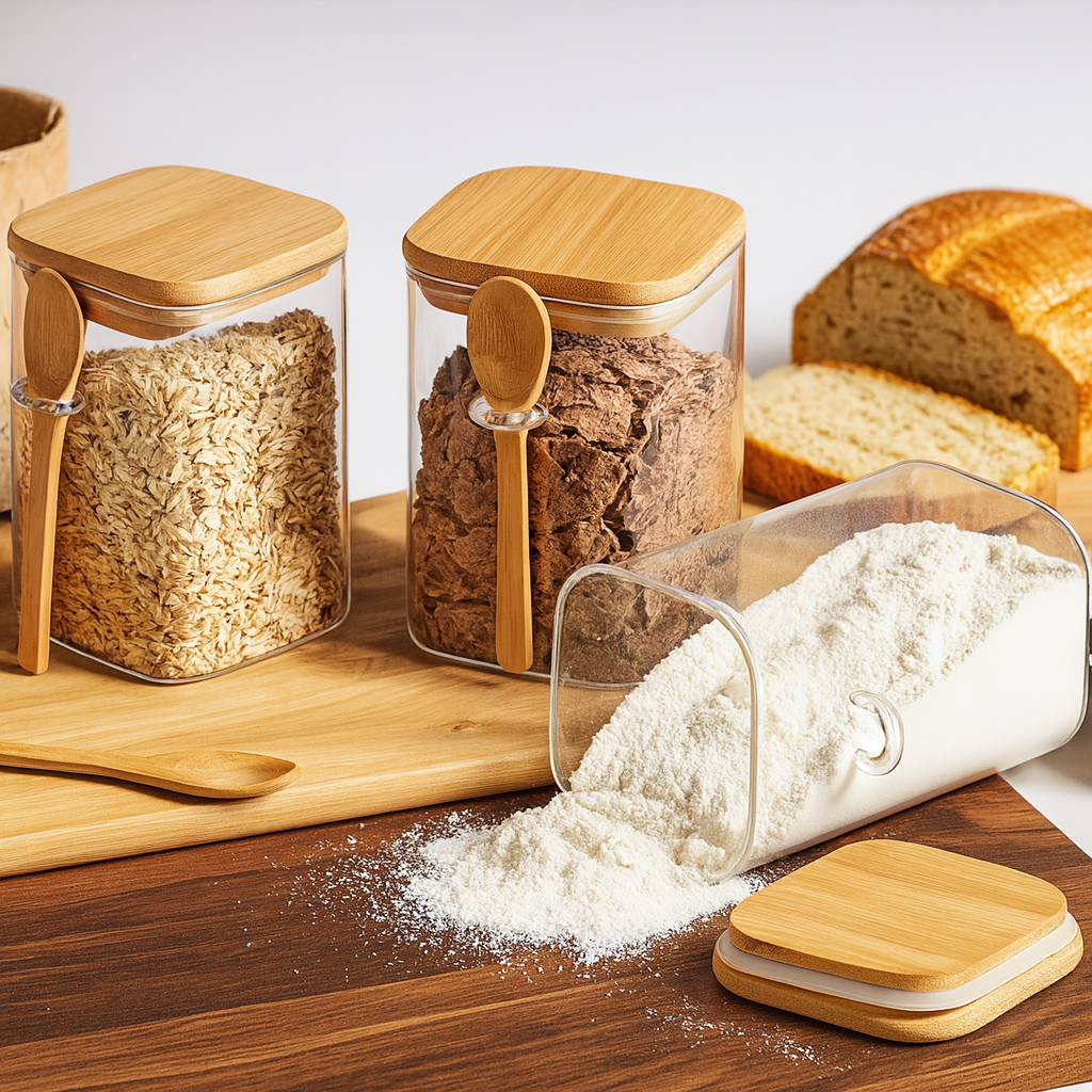 Kit Potes de vidro com tampa de bambu hermética - EcoGlass - 450 ml - Promoçao